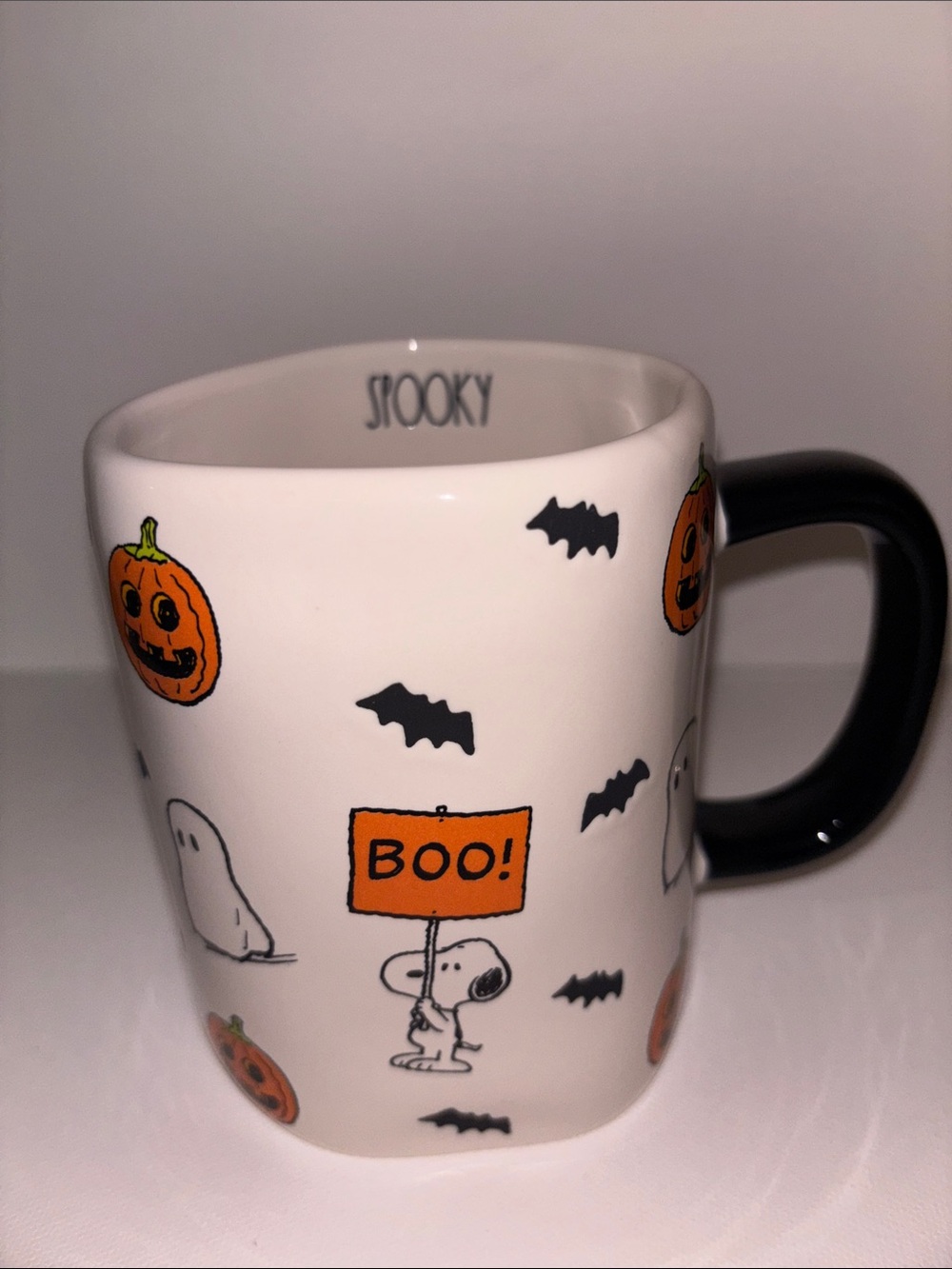 Rae Dunn White & Black 'Spooky' Peanuts Halloween Mug with Orange Accents